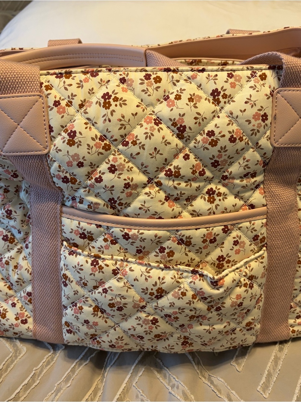 Poppy & Peonies Quilted Floral Tote in Cream, Pink and Brown - Picture 4 of 6